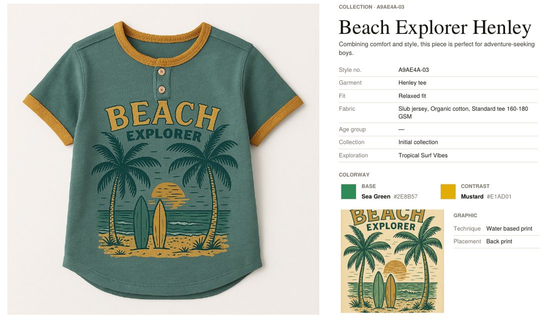 Tech pack page for a sea-green Henley tee with a beach graphic, listing style number, fit, fabric, colorway and print technique