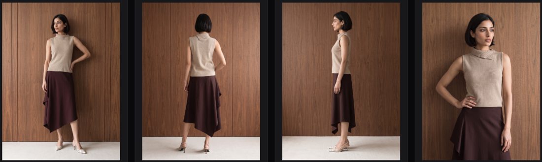 Four photoshoot frames of the same model in a beige top and burgundy skirt, from front, back, side and a closer upper-body angle